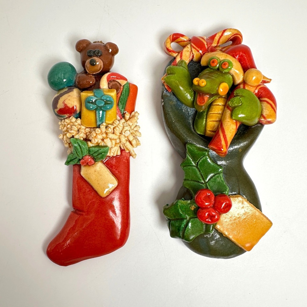 Vintage 80s Dough Christmas Ornaments Calliope Cajun Gator & Teddy Bear Stocking